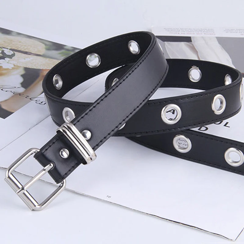 Men Women Punk Belt PU Leather Pin Buckle Jeans Strap Korean Full Hole Decorative Pants Chain Boys Girls Street Retro Waistband