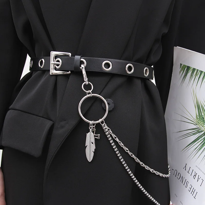 Men Women Punk Belt PU Leather Pin Buckle Jeans Strap Korean Full Hole Decorative Pants Chain Boys Girls Street Retro Waistband