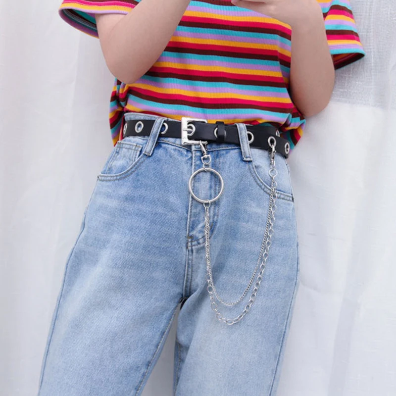 Men Women Punk Belt PU Leather Pin Buckle Jeans Strap Korean Full Hole Decorative Pants Chain Boys Girls Street Retro Waistband