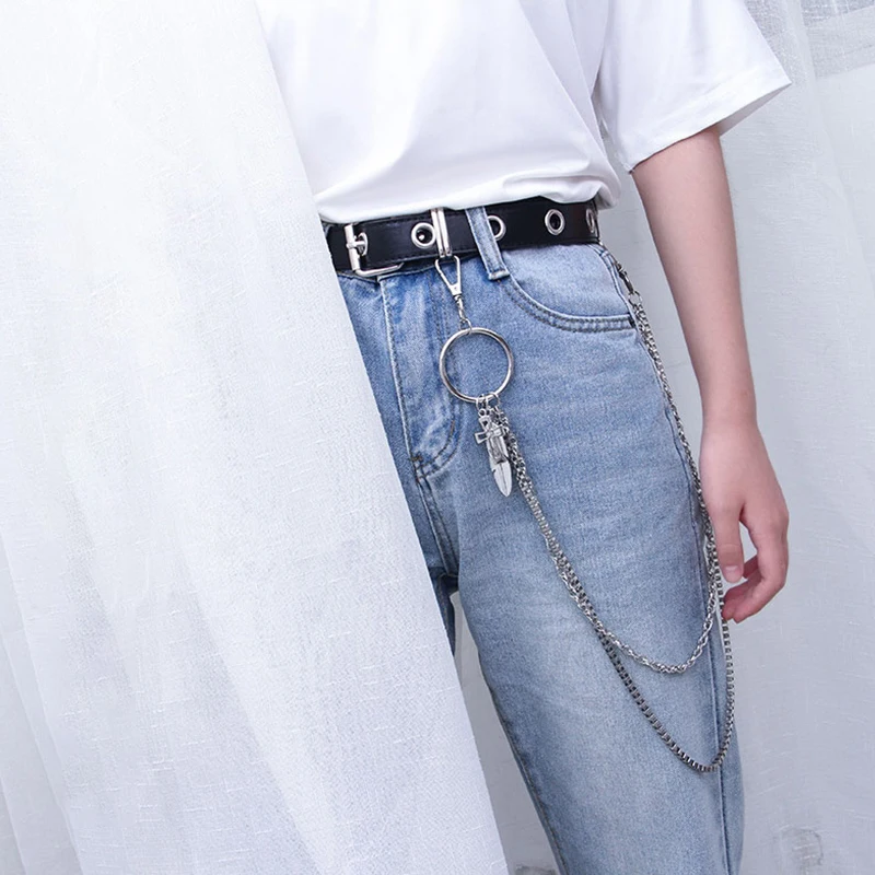 Men Women Punk Belt PU Leather Pin Buckle Jeans Strap Korean Full Hole Decorative Pants Chain Boys Girls Street Retro Waistband