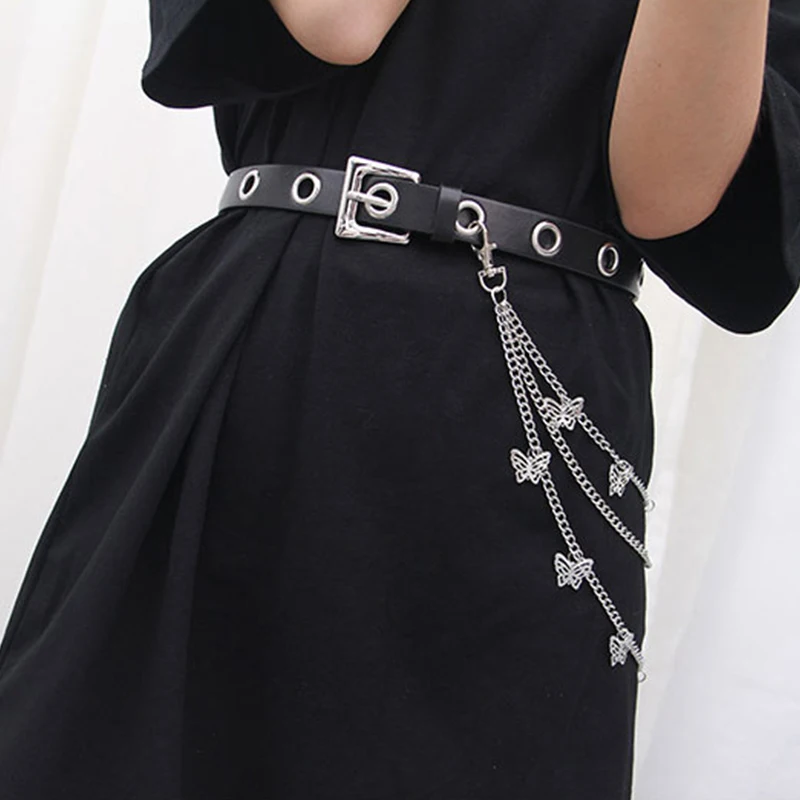 Men Women Punk Belt PU Leather Pin Buckle Jeans Strap Korean Full Hole Decorative Pants Chain Boys Girls Street Retro Waistband