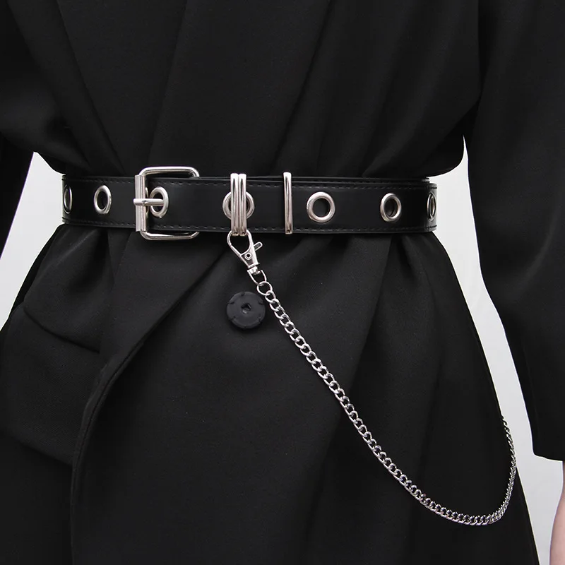 Men Women Punk Belt PU Leather Pin Buckle Jeans Strap Korean Full Hole Decorative Pants Chain Boys Girls Street Retro Waistband