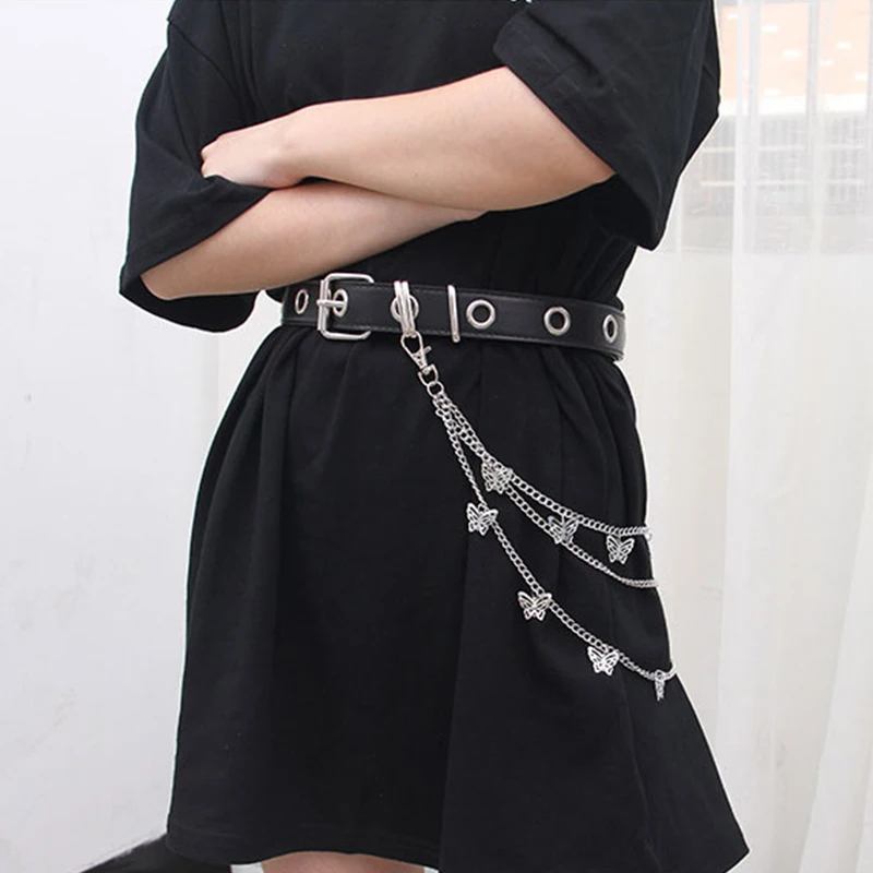 Men Women Punk Belt PU Leather Pin Buckle Jeans Strap Korean Full Hole Decorative Pants Chain Boys Girls Street Retro Waistband
