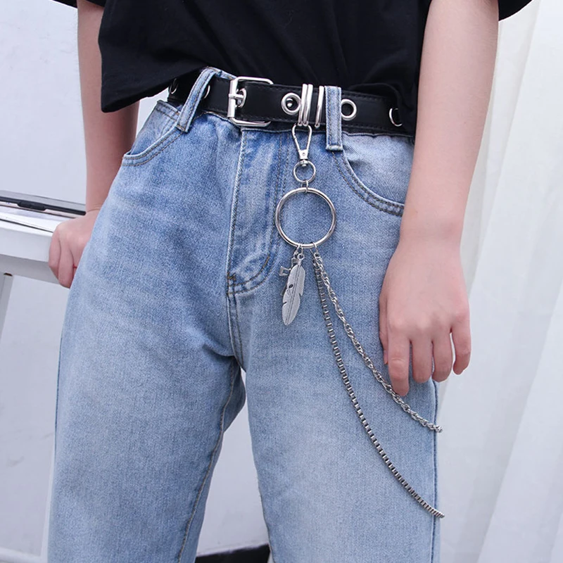 Men Women Punk Belt PU Leather Pin Buckle Jeans Strap Korean Full Hole Decorative Pants Chain Boys Girls Street Retro Waistband