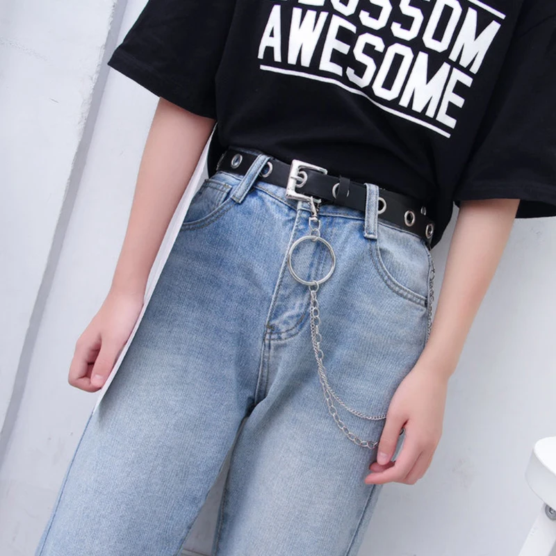 Men Women Punk Belt PU Leather Pin Buckle Jeans Strap Korean Full Hole Decorative Pants Chain Boys Girls Street Retro Waistband