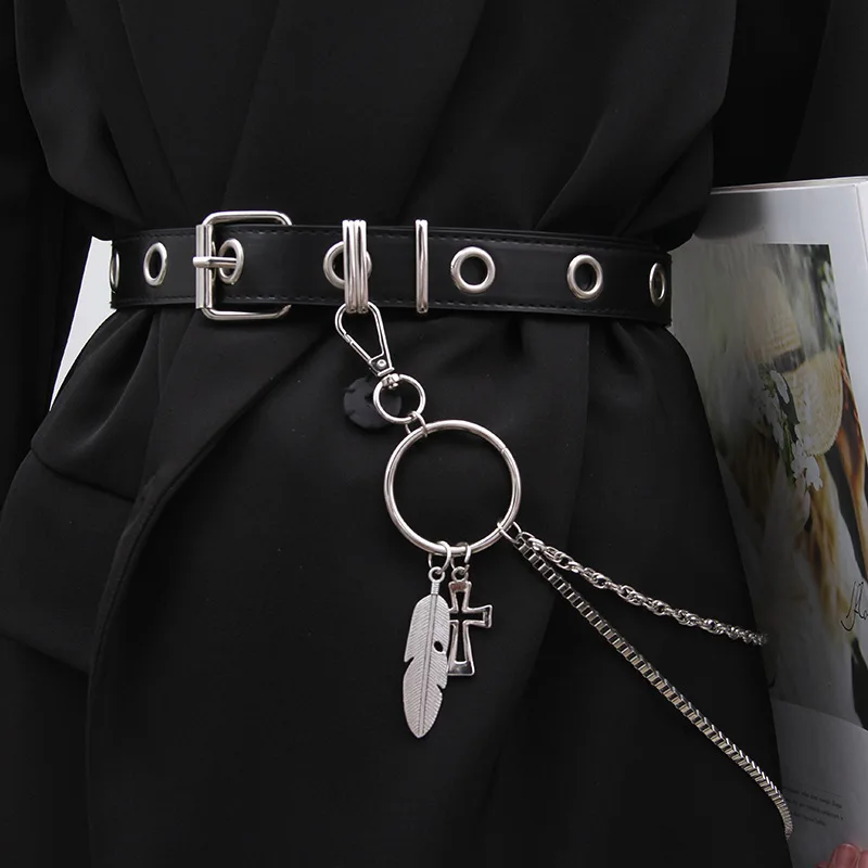 Men Women Punk Belt PU Leather Pin Buckle Jeans Strap Korean Full Hole Decorative Pants Chain Boys Girls Street Retro Waistband