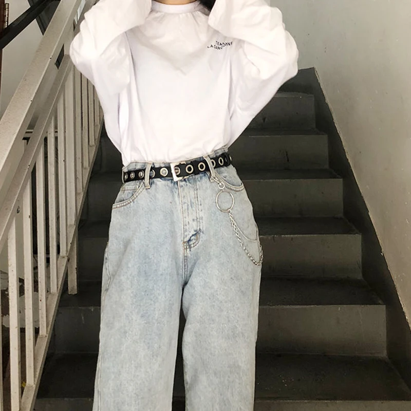 Men Women Punk Belt PU Leather Pin Buckle Jeans Strap Korean Full Hole Decorative Pants Chain Boys Girls Street Retro Waistband