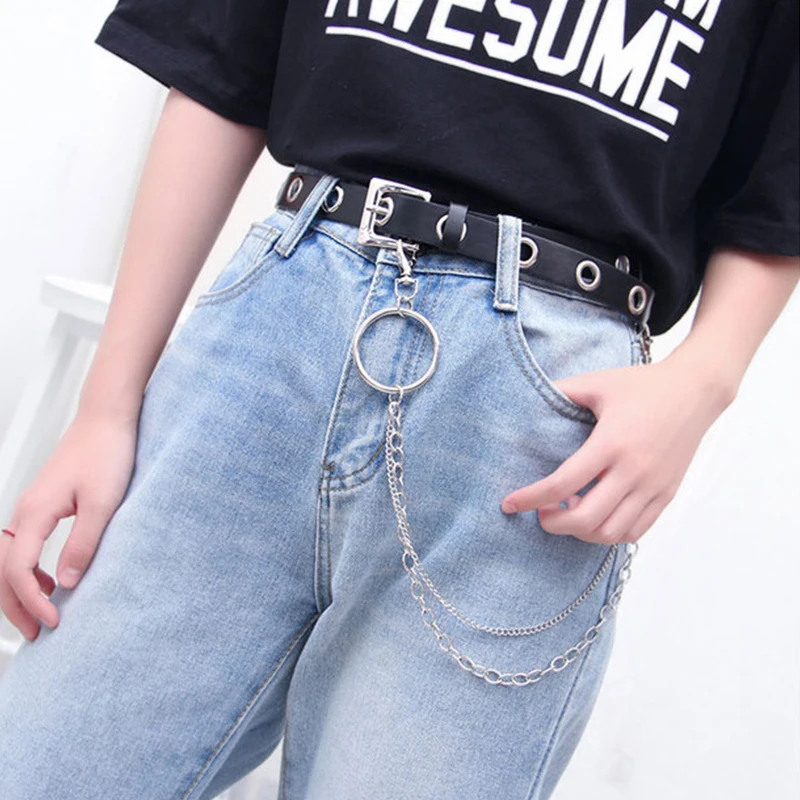 Men Women Punk Belt PU Leather Pin Buckle Jeans Strap Korean Full Hole Decorative Pants Chain Boys Girls Street Retro Waistband