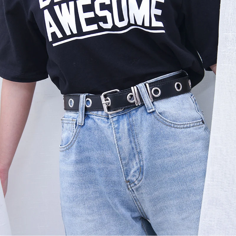 Men Women Punk Belt PU Leather Pin Buckle Jeans Strap Korean Full Hole Decorative Pants Chain Boys Girls Street Retro Waistband