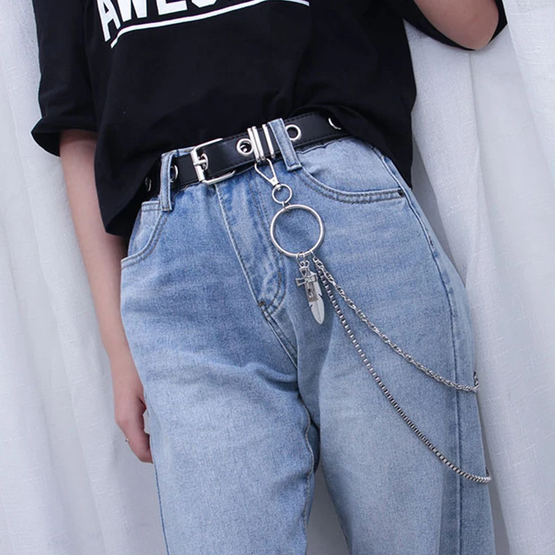 Men Women Punk Belt PU Leather Pin Buckle Jeans Strap Korean Full Hole Decorative Pants Chain Boys Girls Street Retro Waistband