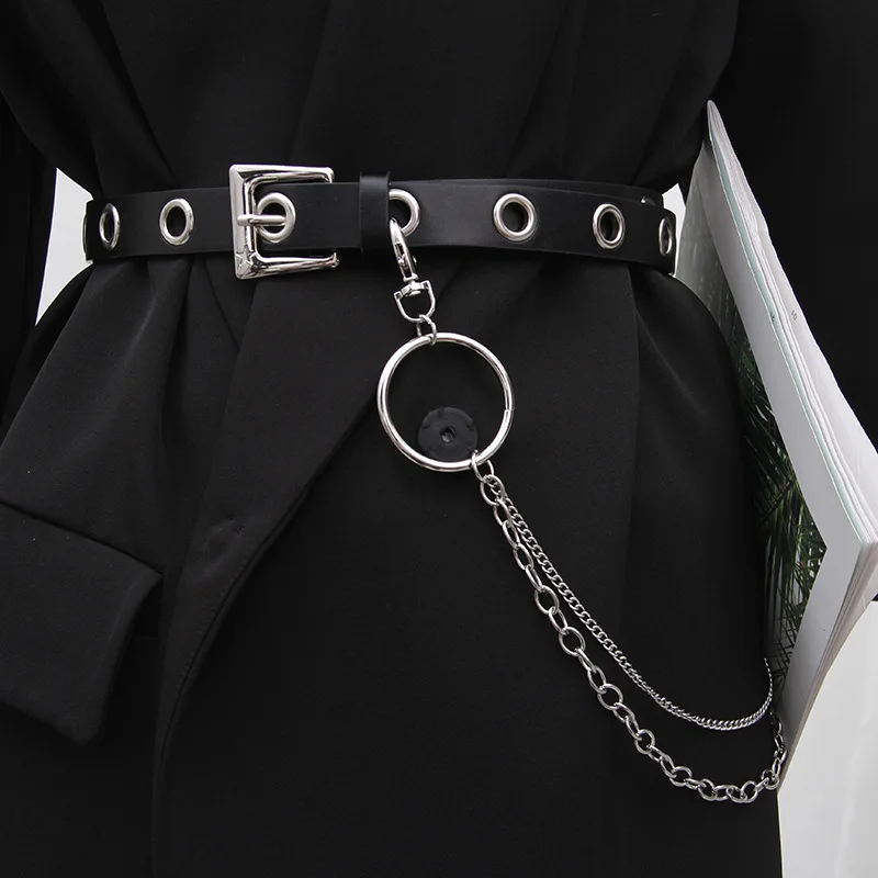 Men Women Punk Belt PU Leather Pin Buckle Jeans Strap Korean Full Hole Decorative Pants Chain Boys Girls Street Retro Waistband