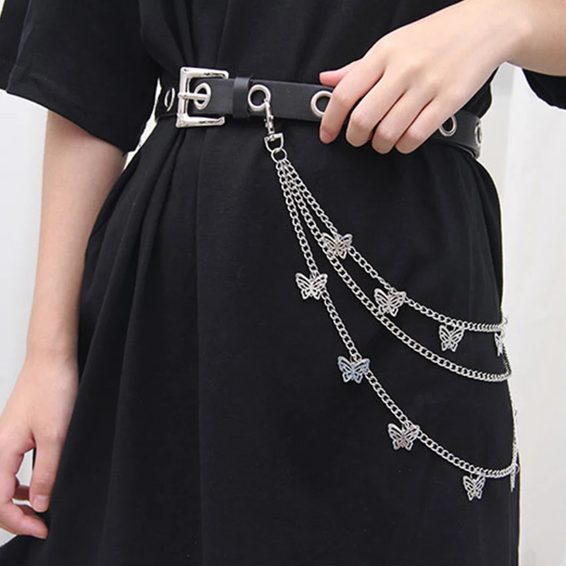 Men Women Punk Belt PU Leather Pin Buckle Jeans Strap Korean Full Hole Decorative Pants Chain Boys Girls Street Retro Waistband