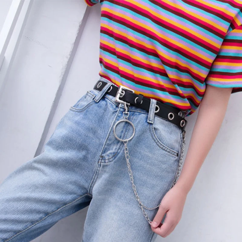 Men Women Punk Belt PU Leather Pin Buckle Jeans Strap Korean Full Hole Decorative Pants Chain Boys Girls Street Retro Waistband