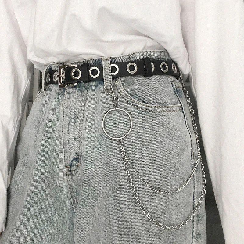 Men Women Punk Belt PU Leather Pin Buckle Jeans Strap Korean Full Hole Decorative Pants Chain Boys Girls Street Retro Waistband
