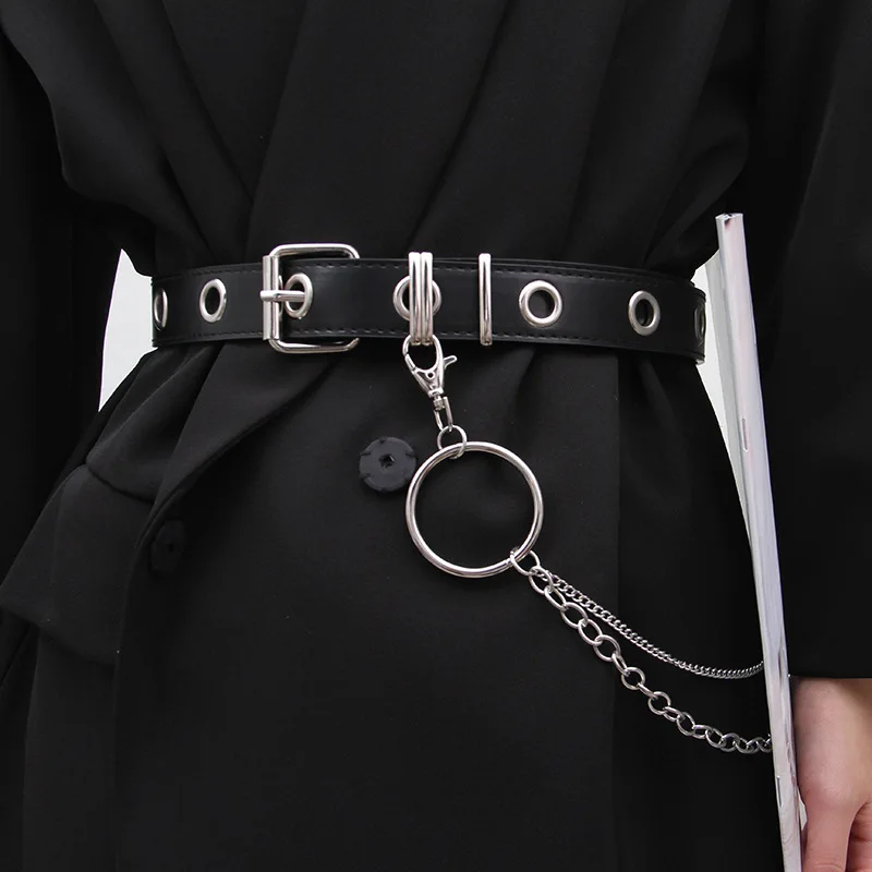 Men Women Punk Belt PU Leather Pin Buckle Jeans Strap Korean Full Hole Decorative Pants Chain Boys Girls Street Retro Waistband