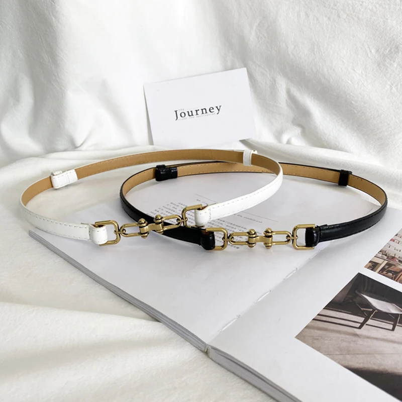 Horsebit Woman Belt Vintage Brass Lock Buckle PU Leather Thin Belts Adjustable Waistband For Ladies Dress Coat Suit Decor Strap