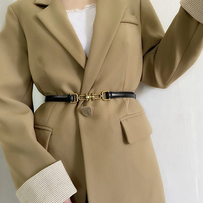 Horsebit Woman Belt Vintage Brass Lock Buckle PU Leather Thin Belts Adjustable Waistband For Ladies Dress Coat Suit Decor Strap