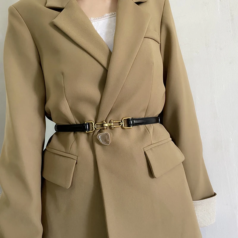 Horsebit Woman Belt Vintage Brass Lock Buckle PU Leather Thin Belts Adjustable Waistband For Ladies Dress Coat Suit Decor Strap