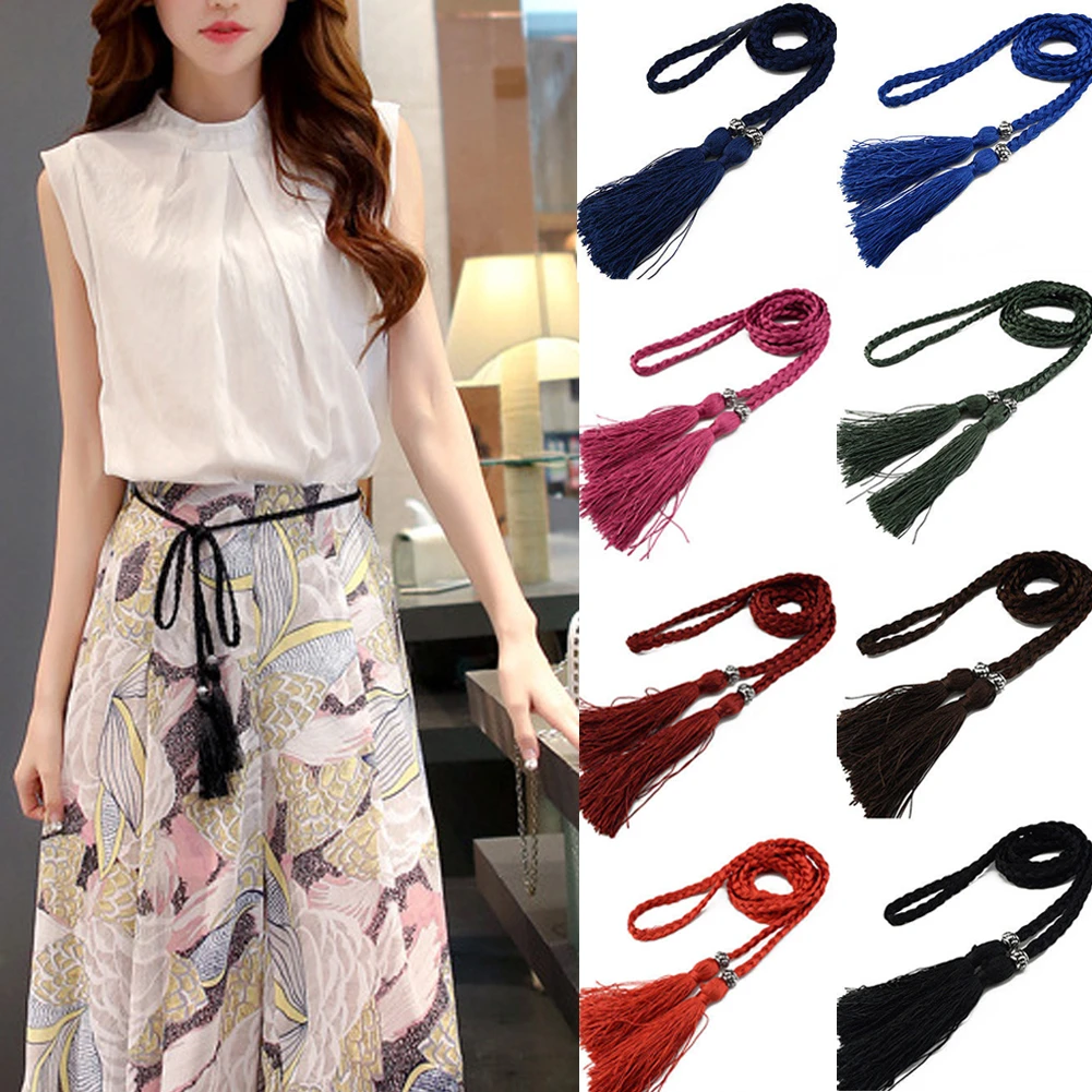 Women Waist Belt Rope Chinese Braided Style Woven Tassel Belt Colorful Knot Decorated Waist Chain Female Dress Coat Accessories