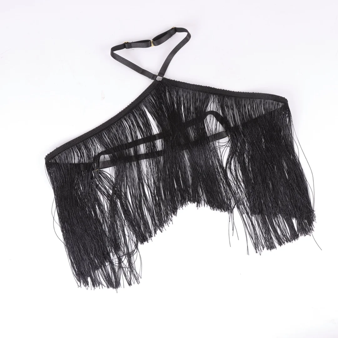UYEE Women's Black Halter Top with Tassel Detail Adjustable Elastic Harness Casual All-Season Wear Belt