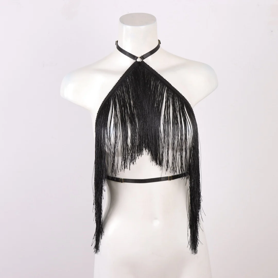 UYEE Women's Black Halter Top with Tassel Detail Adjustable Elastic Harness Casual All-Season Wear Belt