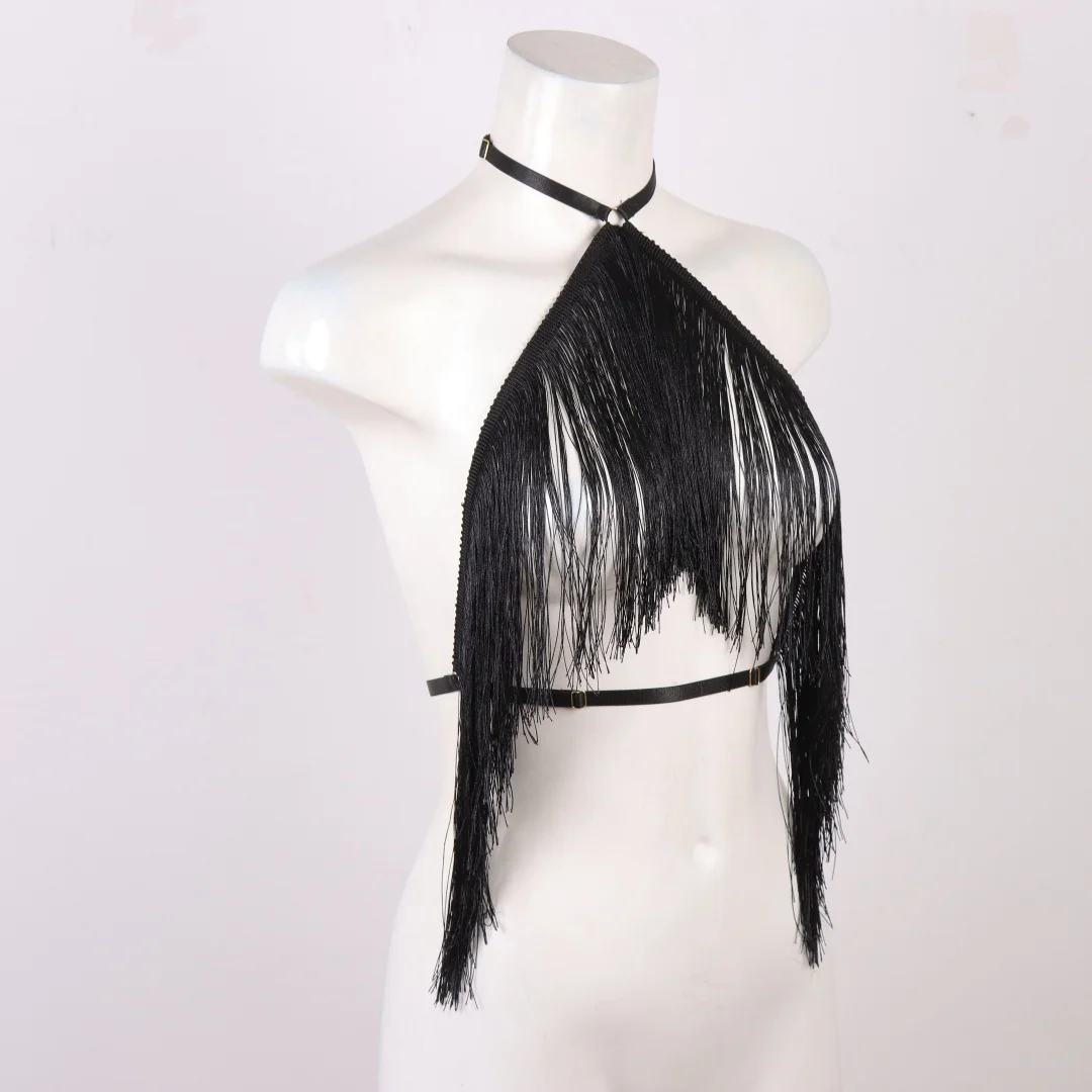 UYEE Women's Black Halter Top with Tassel Detail Adjustable Elastic Harness Casual All-Season Wear Belt
