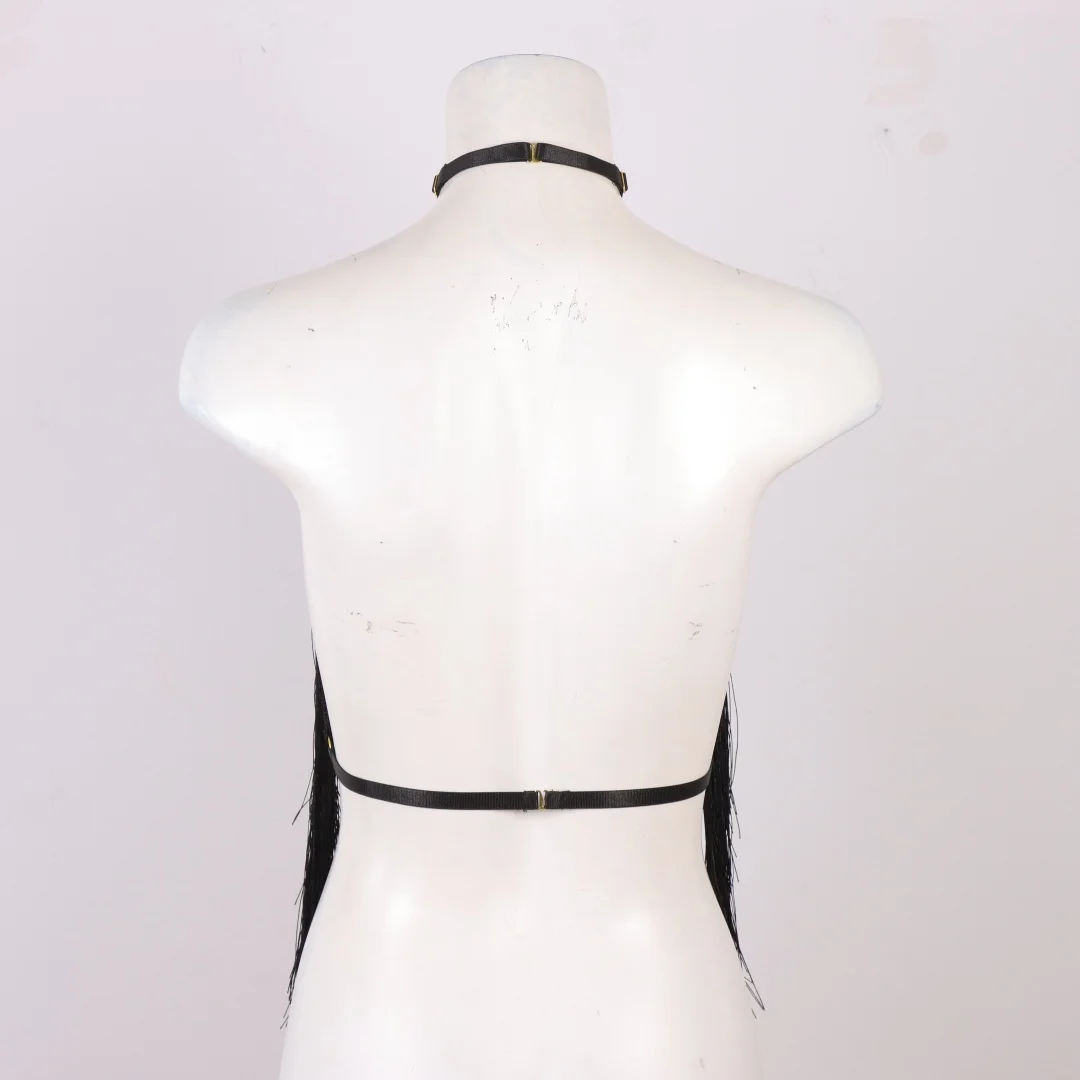 UYEE Women's Black Halter Top with Tassel Detail Adjustable Elastic Harness Casual All-Season Wear Belt