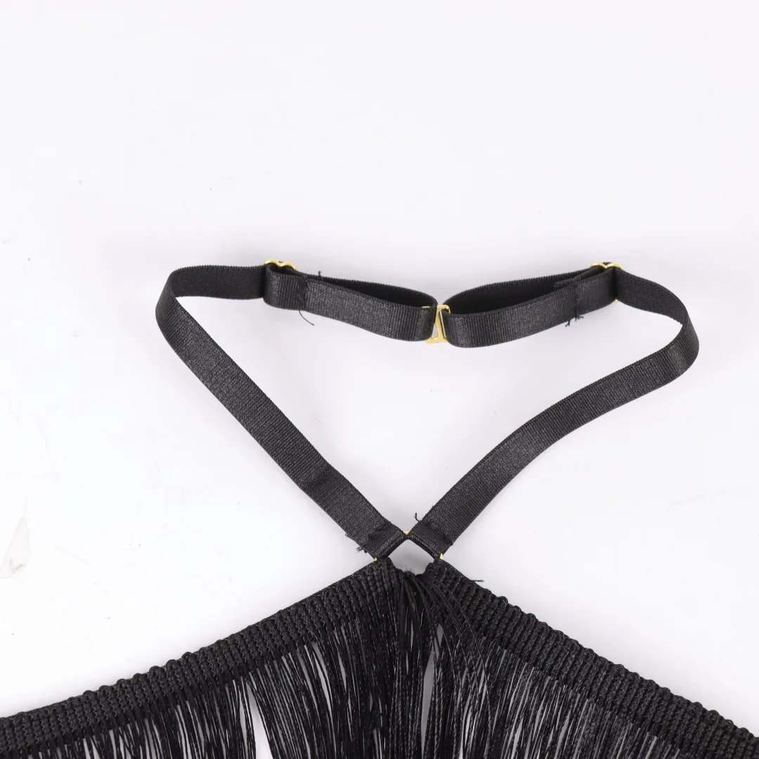 UYEE Women's Black Halter Top with Tassel Detail Adjustable Elastic Harness Casual All-Season Wear Belt