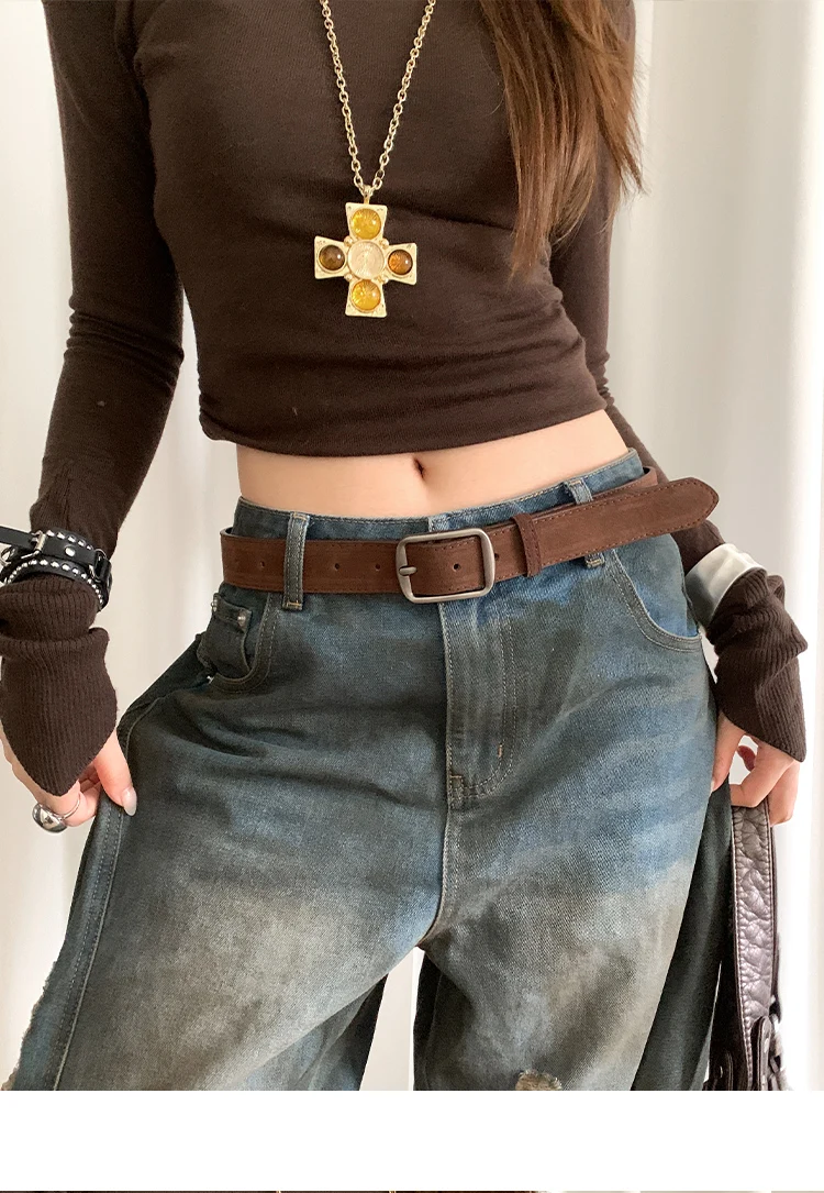 Korean Version Of Retro Velvet Brown Belt For Women A Small Number Of Skirts And Jeans Belts With A High-End Feel