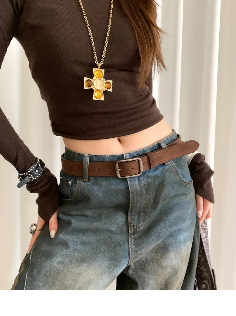 Korean Version Of Retro Velvet Brown Belt For Women A Small Number Of Skirts And Jeans Belts With A High-End Feel