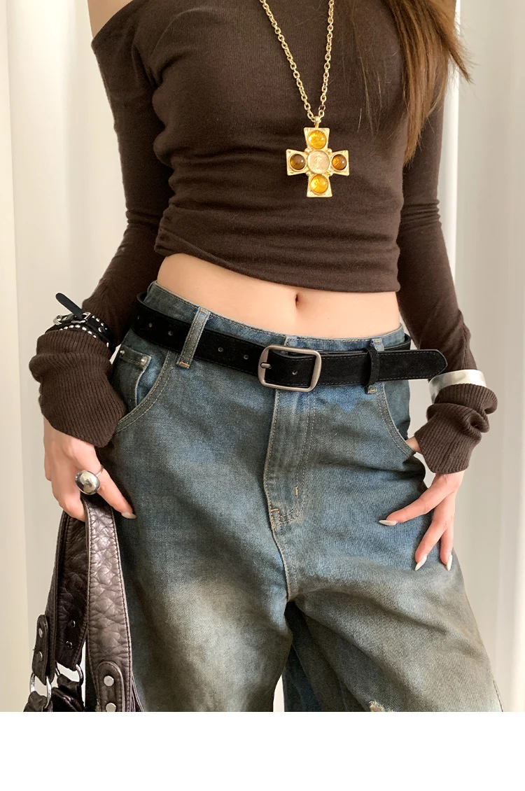 Korean Version Of Retro Velvet Brown Belt For Women A Small Number Of Skirts And Jeans Belts With A High-End Feel