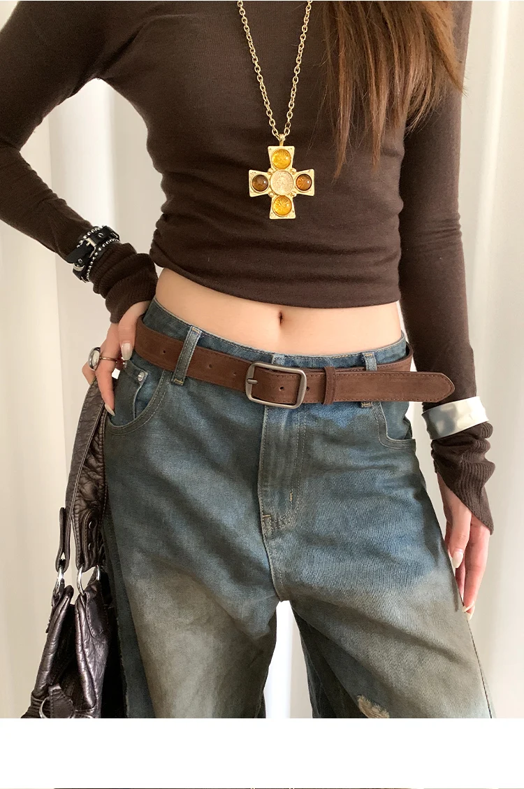Korean Version Of Retro Velvet Brown Belt For Women A Small Number Of Skirts And Jeans Belts With A High-End Feel