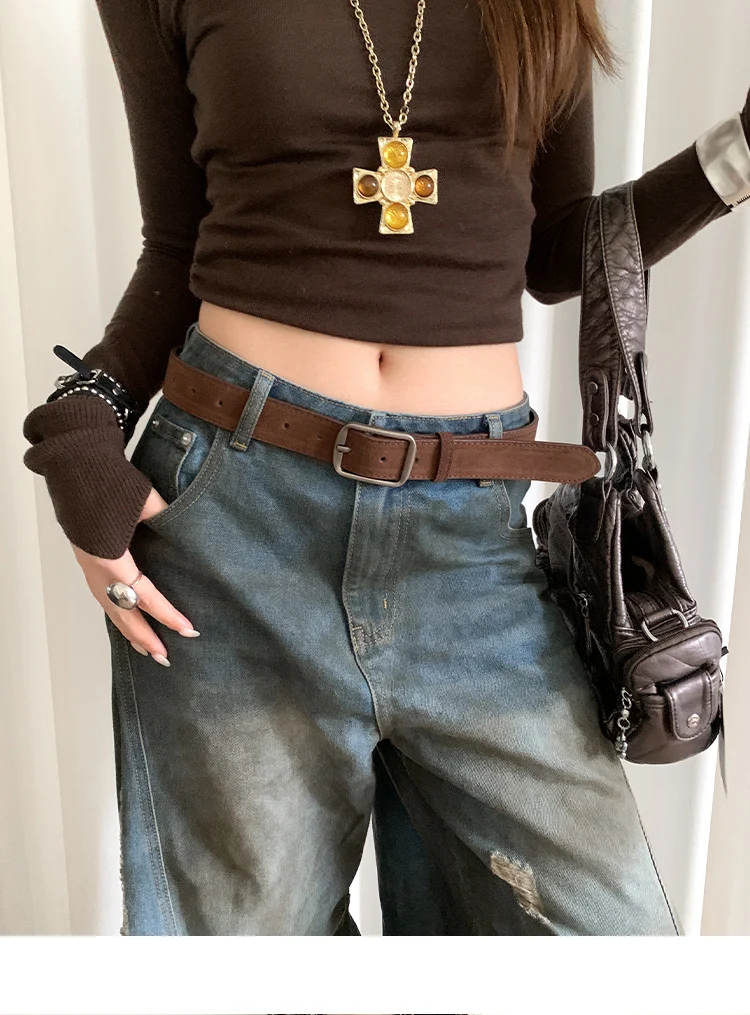 Korean Version Of Retro Velvet Brown Belt For Women A Small Number Of Skirts And Jeans Belts With A High-End Feel