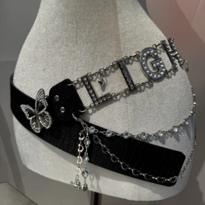 New Personalised Y2k Letter Fashion Belt Chain Rhinestone Pu Butterfly Decoration Belt Nightclub Hottie Premium Sexy Belt
