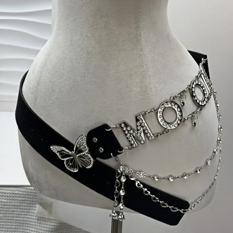 New Personalised Y2k Letter Fashion Belt Chain Rhinestone Pu Butterfly Decoration Belt Nightclub Hottie Premium Sexy Belt