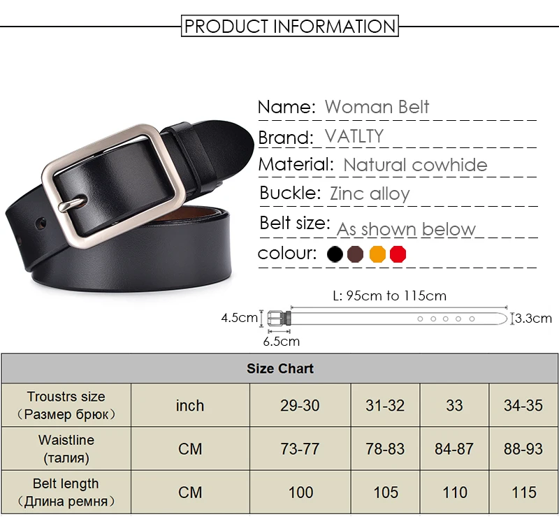 VATLTY 95cm-115cm Women's Leather Belt 33mm Natural Cowhide Alloy Silver Buckle Unisex Brown Belt Fashion Trousers Girdle Male