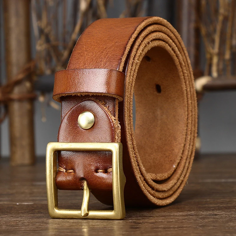 3.3CM Pure Cowhide Genuine Leather for Men's Women High Quality Jeans Brass Buckle Belts Cowboy Fashion Designer Matching Belt