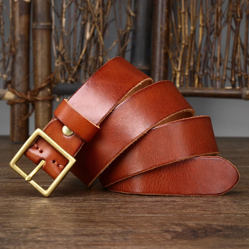 3.3CM Pure Cowhide Genuine Leather for Men's Women High Quality Jeans Brass Buckle Belts Cowboy Fashion Designer Matching Belt