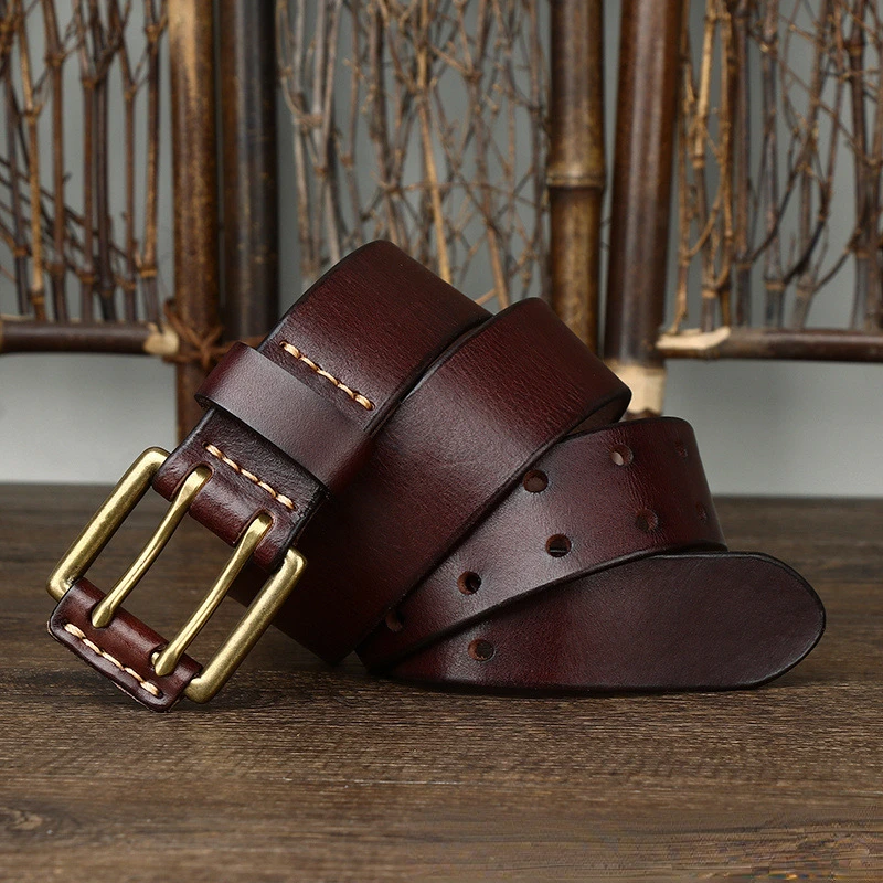 Men's Leather Belt 3.8cm*105-125cm Double Pin Buckle Belts Top Layer Cowhide Genuine Vintage Copper Decor Jeans Male Waistband