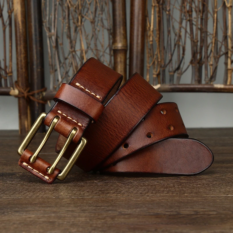 Men's Leather Belt 3.8cm*105-125cm Double Pin Buckle Belts Top Layer Cowhide Genuine Vintage Copper Decor Jeans Male Waistband