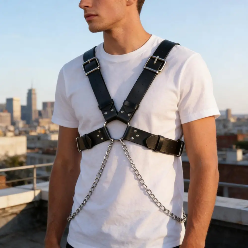 Men's Faux Leather Body Chest Harness Belt with Chain, For Daliy Wear, Paty, Cosplay, Punk Style