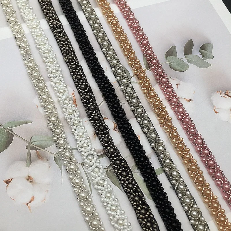 JLZXSY Pearl Beaded Lace Trim Mesh Lace Fabric Clothes Decoration Wedding Dress Collar Sleeve Lace Sew on Applique DIY Crafts