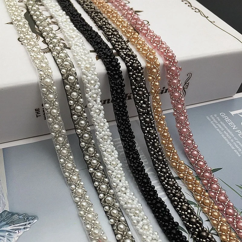 JLZXSY Pearl Beaded Lace Trim Mesh Lace Fabric Clothes Decoration Wedding Dress Collar Sleeve Lace Sew on Applique DIY Crafts