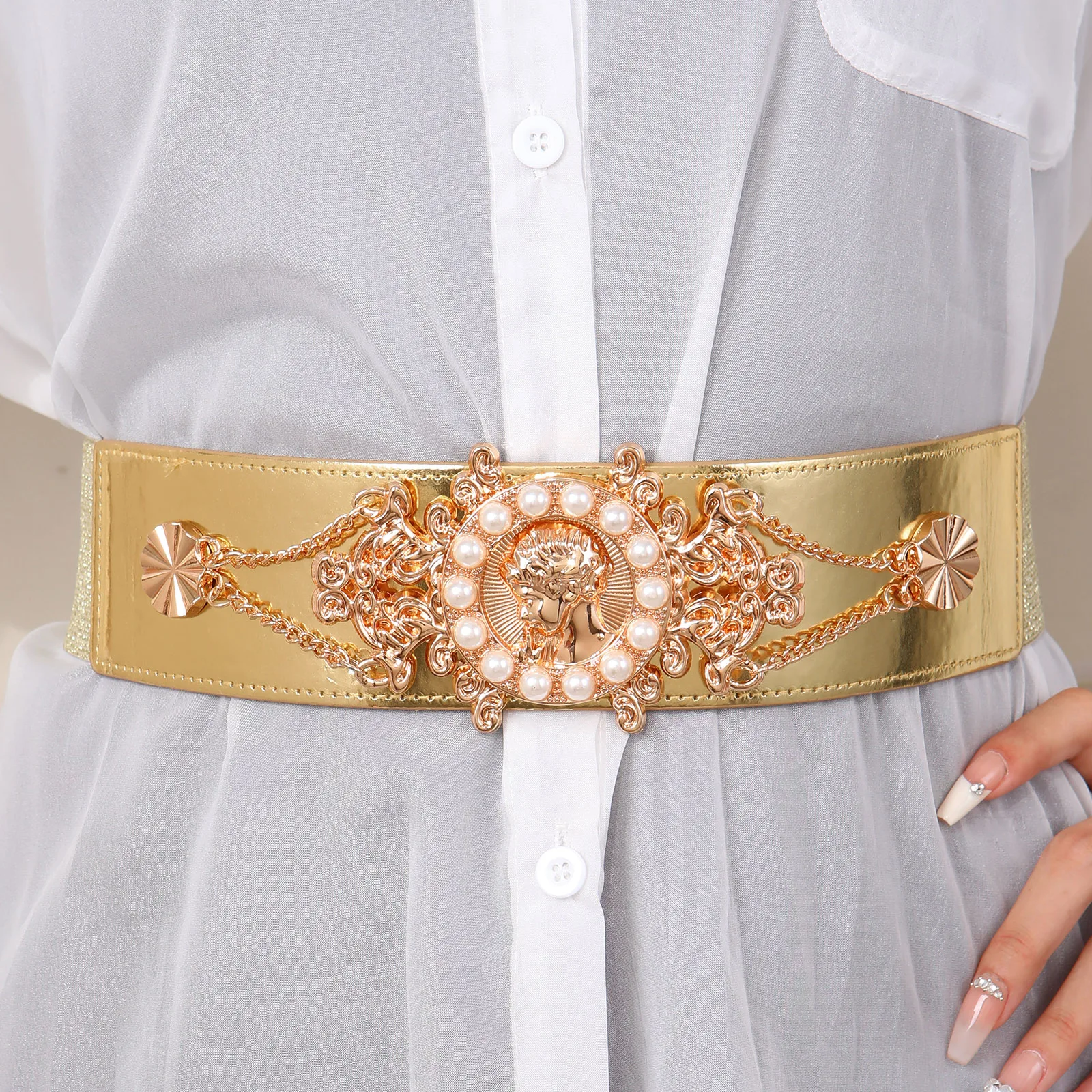2026 New Ladies Pearl Fashionable Golden Wide Waist Seal Dress Decoration Waist Elastic Belts for Women Luxury Designer Brand