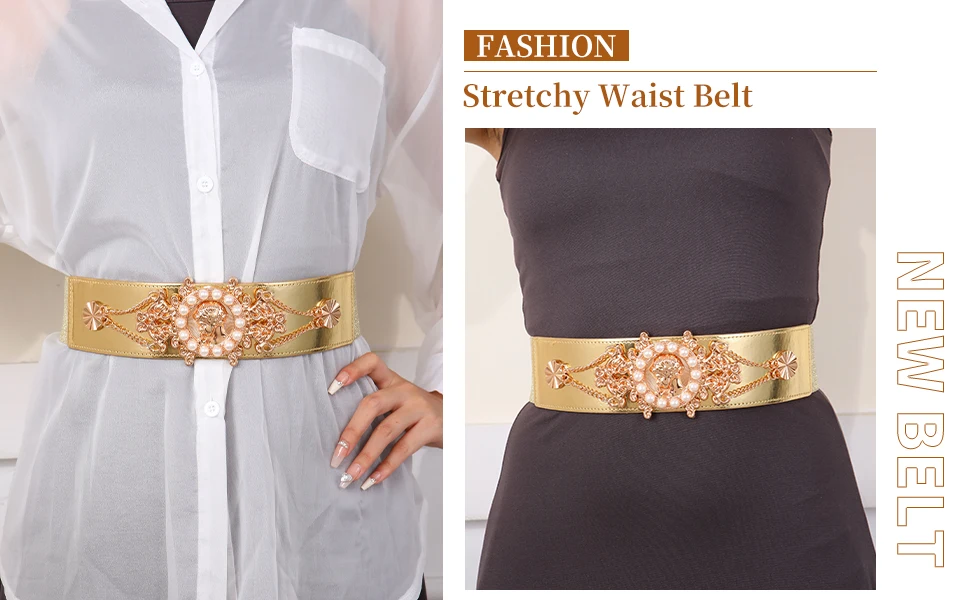 2026 New Ladies Pearl Fashionable Golden Wide Waist Seal Dress Decoration Waist Elastic Belts for Women Luxury Designer Brand