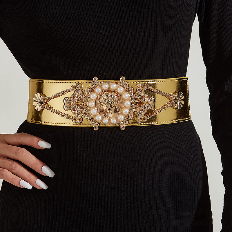 2026 New Ladies Pearl Fashionable Golden Wide Waist Seal Dress Decoration Waist Elastic Belts for Women Luxury Designer Brand