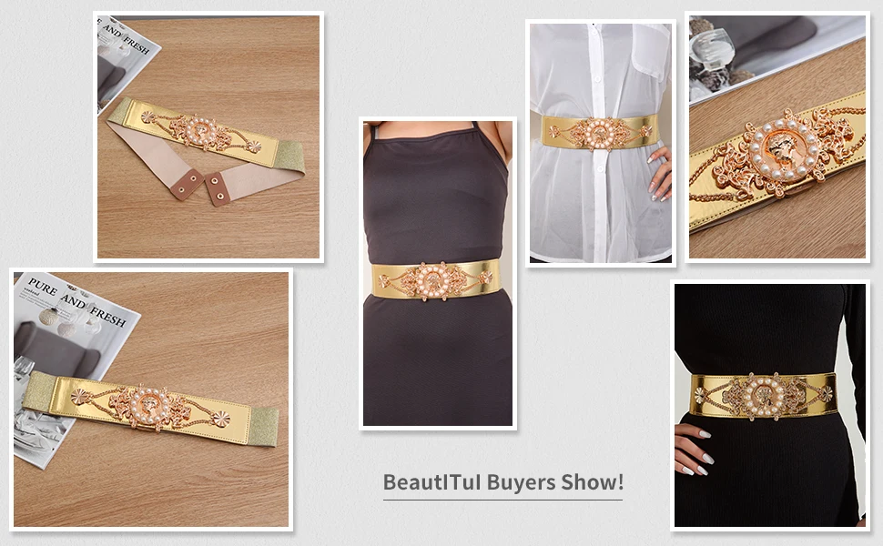2026 New Ladies Pearl Fashionable Golden Wide Waist Seal Dress Decoration Waist Elastic Belts for Women Luxury Designer Brand