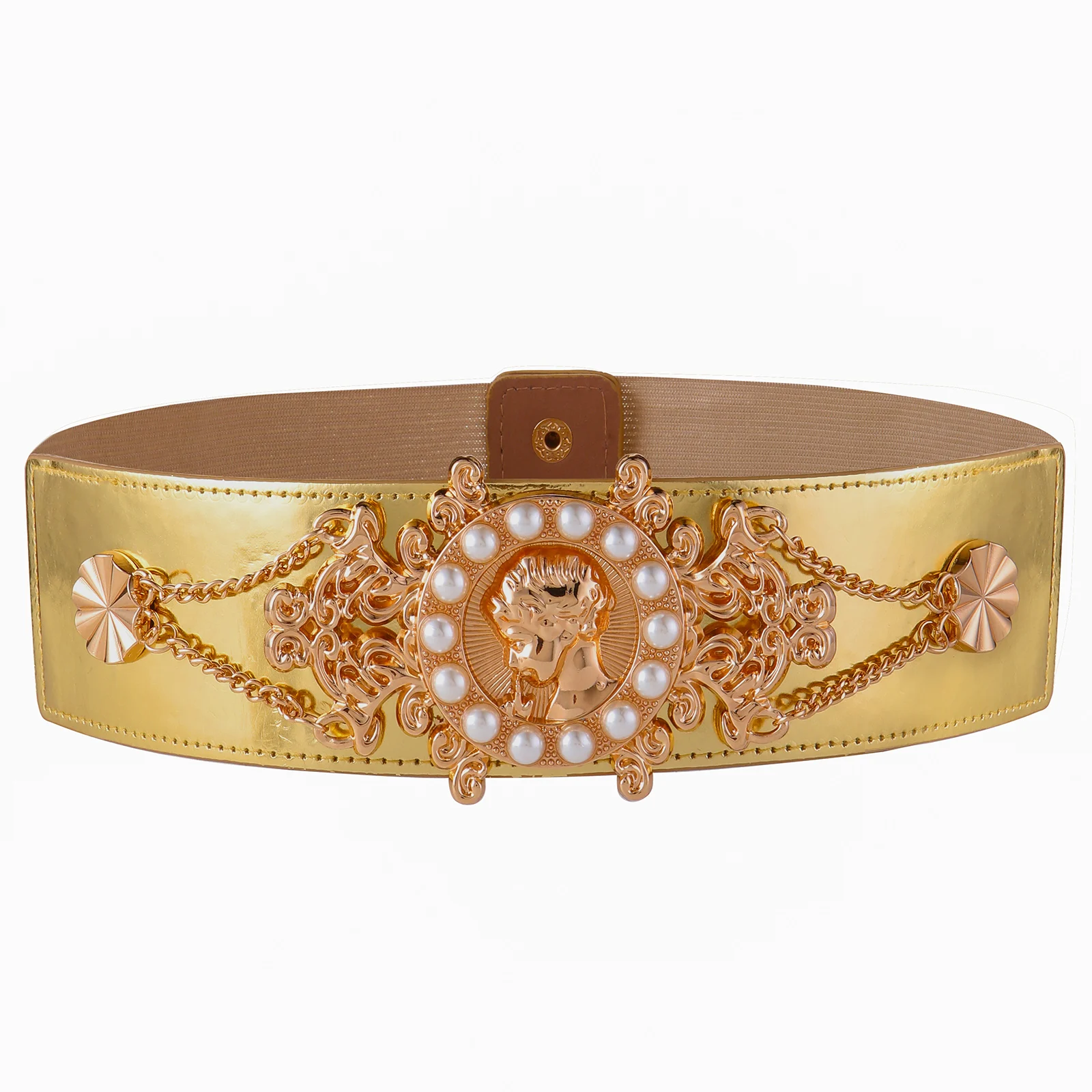 2026 New Ladies Pearl Fashionable Golden Wide Waist Seal Dress Decoration Waist Elastic Belts for Women Luxury Designer Brand