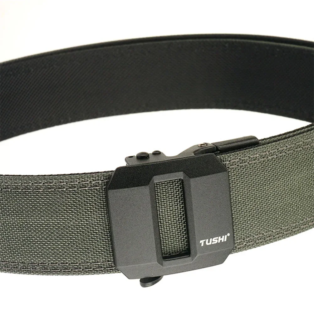TUSHI Brand Hard Tactical Gun Belt Mens Metal Automatic Buckle Thick Nylon 3.8CM Wide Casual Sports IPSC Girdle Male