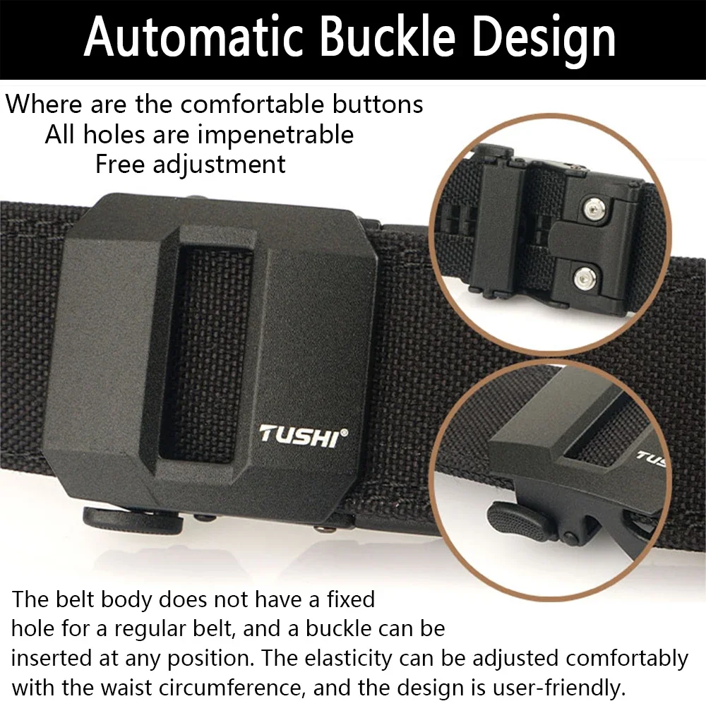 TUSHI Brand Hard Tactical Gun Belt Mens Metal Automatic Buckle Thick Nylon 3.8CM Wide Casual Sports IPSC Girdle Male